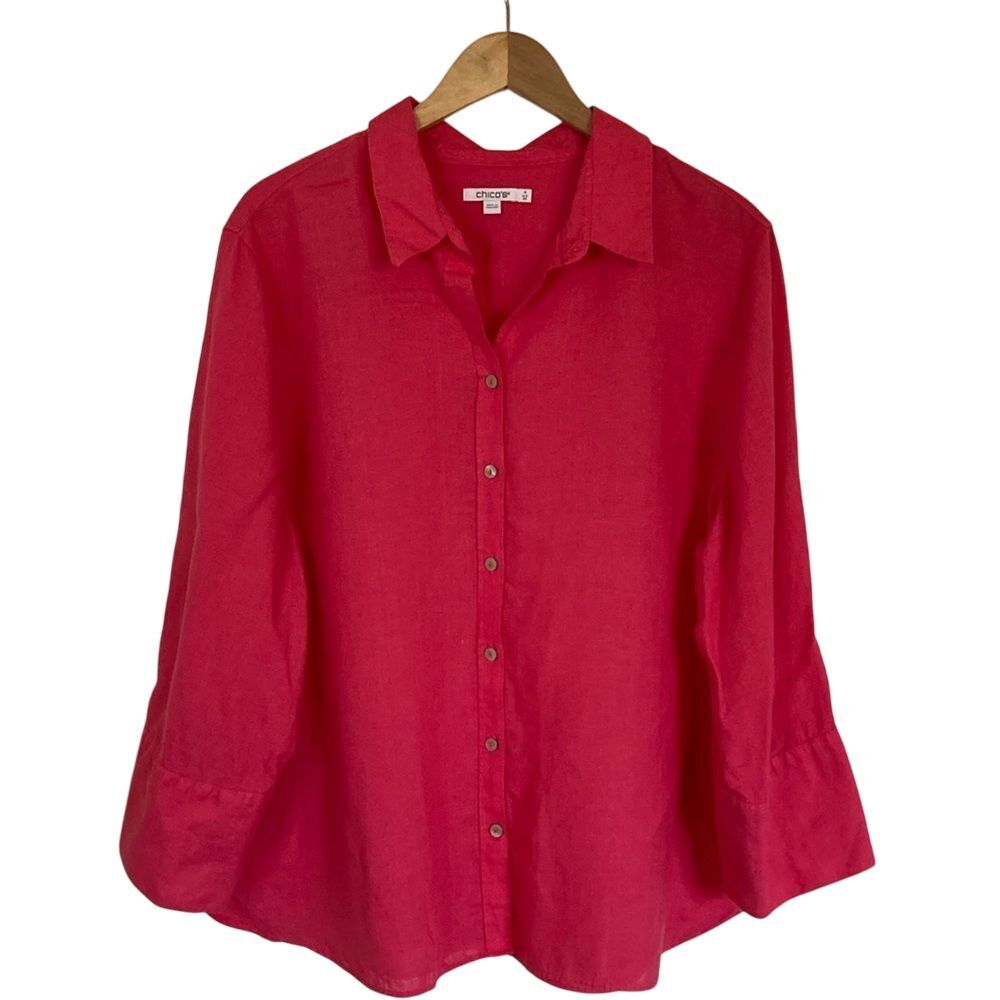 Chicos Womens Button Front 100% Linen Top Size XXL 4‎ Pink Long Sleeve Coastal